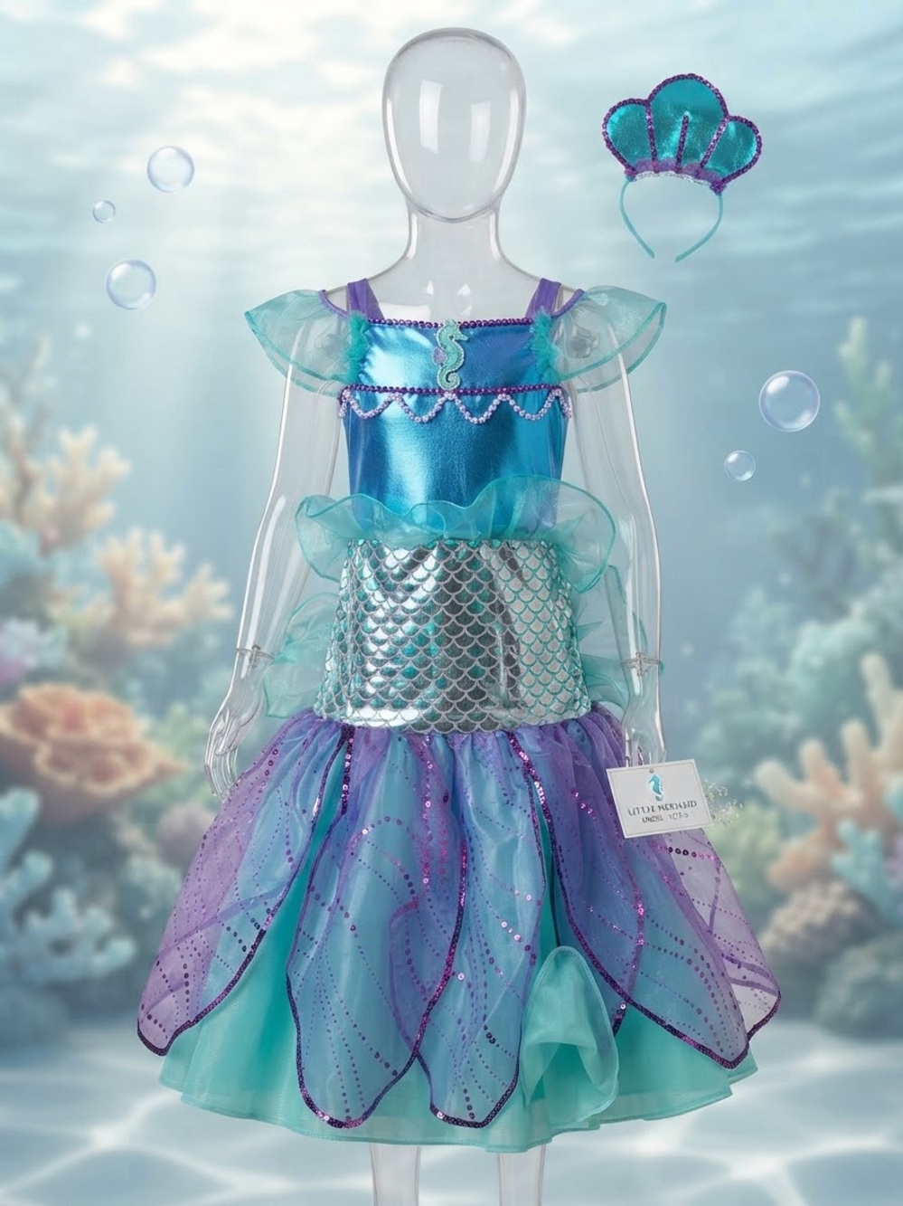 Mermaid Princess Girls Costume Dress with Shell Headband - Teal & Purple 3-4